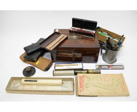 An Edwardian mother of pearl inlaid box, 17.5cms wide; along with a collection of drawing instruments; an Otis Kings pocket c