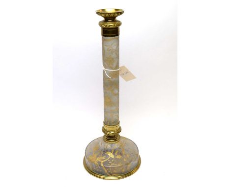 American gilt glass candlestick, the frosted glass body decorated in gilt with birds, branches and foliage, gilt metal mounts
