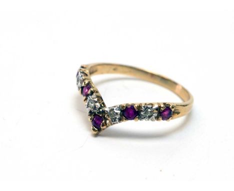 Ruby and diamond ring, in wishbone mount, on 9ct yellow gold shank, ring size Q.