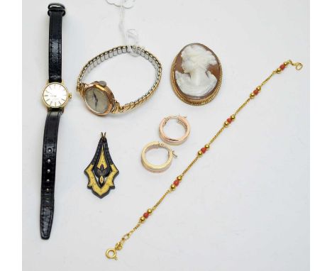 A pair of yellow, white and rose 9ct. gold earrings, 3.2grms gross; a gold-cased Rotary cocktail watch; another gold-cased co