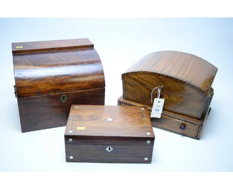 Victorian mahogany inlaid sewing box, with inlaid Greek key motif decoration, 30.5cms wide; along with another mahogany box a