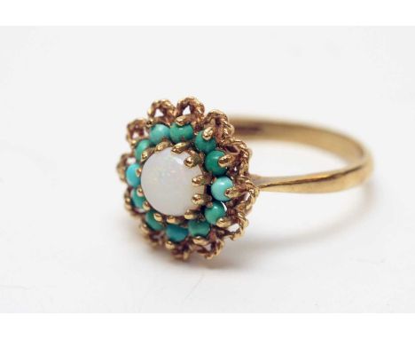 Opal and turquoise cluster ring, on 9ct yellow gold shank, ring size Q. 