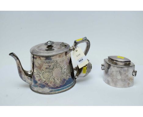 A silver condiment jug, with Birmingham marks; along with a twin-handled silver plated lidded tea caddy by Mappin and Webb; a
