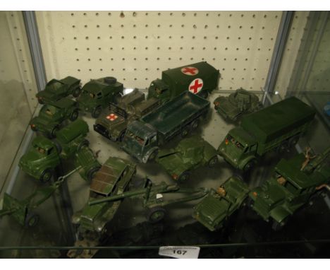 TWO SHELVES OF DINKY AND OTHER MILITARY VEHICLES 