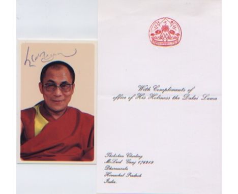 Dalai Lama. A 4x3 signed portrait of the Dalai Lama together with compliment slip.  Good condition All signed items come with