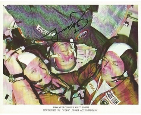 Cosmonaut Alexey Leonov Lovely colour 8x10 photograph of the Apollo Soyuz Test Project astronauts clearly by Cosmonaut Alexey