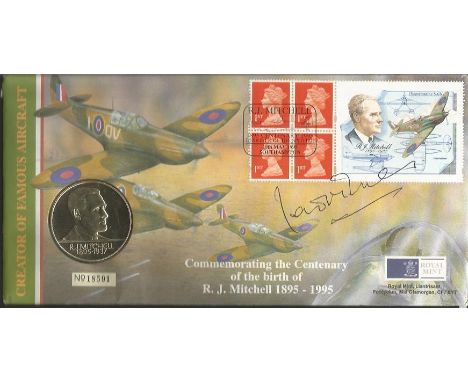 Laddie Lucas WW2 bomber ace signed 1995 RJ Mitchell Royal Mint Coin FDC with  R J Mitchell Crown and miniature stamp sheet  G