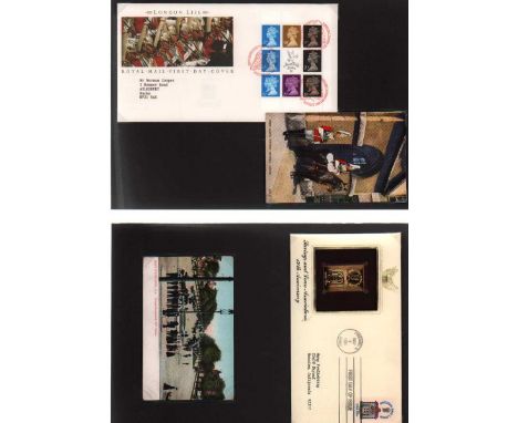 Countries and States Covers and Postcards collection. Housed in two blue folders. Includes Guernsey Queen Mother first day co