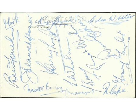 Busby Babes signed to rear of vintage b/w postcard. Signed by Matt Busby, Tommy Taylor, Bill Foulkes, Duncan Edwards, Colin W