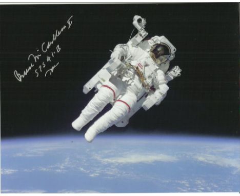 Bruce McCandless autographed high quality 8x10 photograph. Breath taking image of him performing the first ever untethered fr
