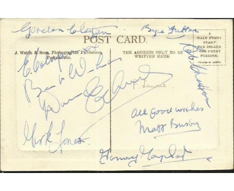 Busby Babes Vintage Saltash postcard signed to back by Duncan Edwards, Tommy Taylor, Mark Jones, Eddie Coleman, Matt Busby, B