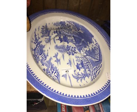 A Royal Worcester blue and white turkey platter decorated with chinoiserie scene. 