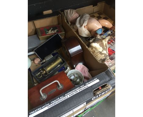 2 boxes of misc collectable items to include a vintage German doll, LPs, 45s, mantel clock, etc 