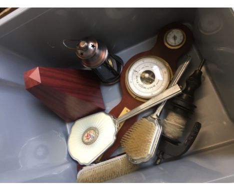 Plastic box of barometer, metronome and other items 