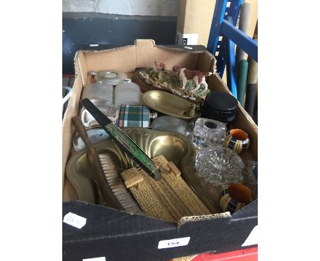 A box of collectable items to include bread crumb tray with brush, Japanese fan on stand, 5 pewter flasks, various cut glass 