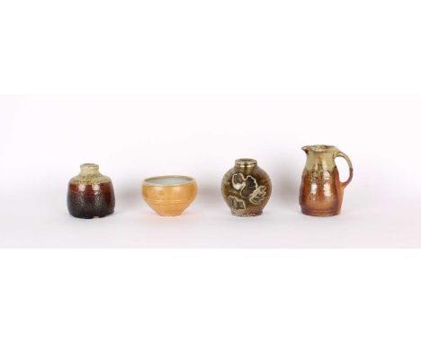 Group of Studio Pottery in Stoneware Comprising a small ovoid vase by Tim Hurn in ash and salt glaze with applied shell patte