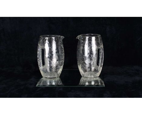 Koloman Moser (Austrian 1868-1918) for Loetz Two Clear "Crackle" Glass Jugs or Pitchers Circa 1905, both with polished pontil