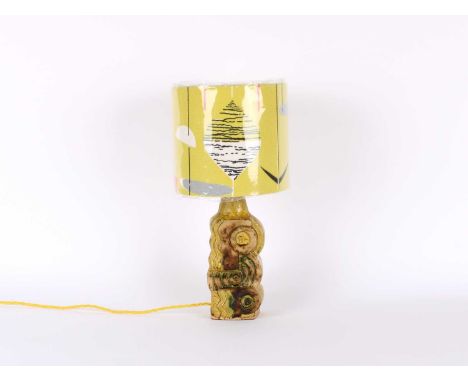 Bernard Rooke (British 1938-) Pottery Table Lamp with Shade in Original "Mobiles" Pattern Fabric by Marian Mahler The lamp ci