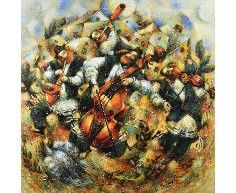 Galina Manzin-Datloof (Russian/Israeli 1949-) "The Musicians" Signed, oil on canvas.96 x 96cmThe painting is in very good, or