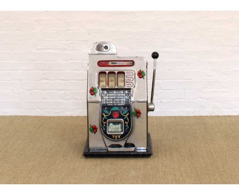 C.O.I.N. Ltd. London/Mills Novelty Co. Chicago "Cherry" One Armed Bandit Slot Machine Mid 20th century, 6d play, chromed cast