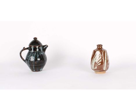 Abuja Pottery Coffee Pot & a Bottle Vase by Mark Griffiths The coffee pot circa 1960s, stoneware with blue/grey jun glaze, no