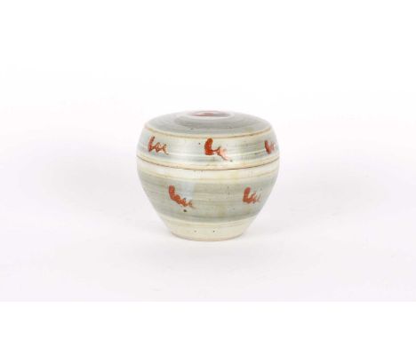 David Leach (British 1911-2005) at Lowerdown Pottery Stoneware Lidded Box Circa 1978, cream glazed with pale blue banding and