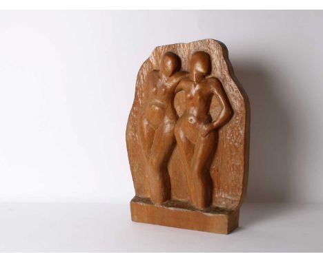 Benno Schotz RSA (Estonian/Scottish 1891-1984) "Aime Soeur" (1946) Single piece wooden sculpture, relief carved with two fema