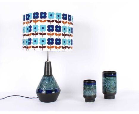 Maggie Fisher and Everidge Stevens for Celtic Pottery, Newlyn "Blue Medallion" Conical Lamp and Two Graduated Cylinder Vases 