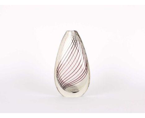 Mikko Helander for Humppila, Finland Art Glass 'Multithread' Vase Circa 1960s, clear ovoid body of sommerso technique with co