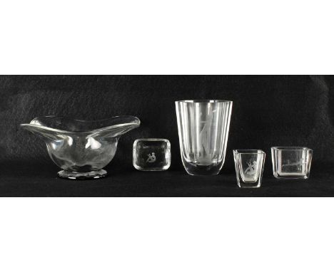 Simon Gate for Orrefors Engraved "Dancer" Vase and Art Deco Bowl The vase circa 1935, clear faceted glass of hexagonal firm, 