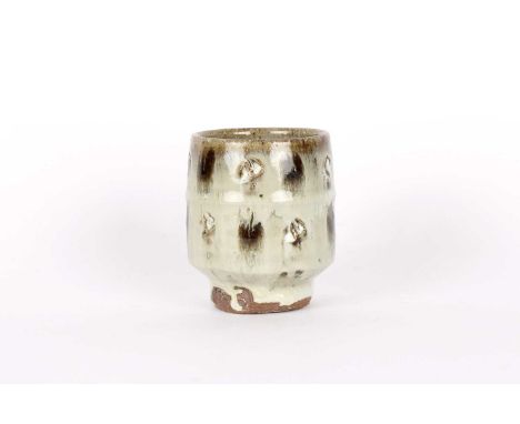 Jim Malone (British 1946-) Stoneware Yunomi In mottled green to light grey glaze with incised motifs, impressed maker's and B