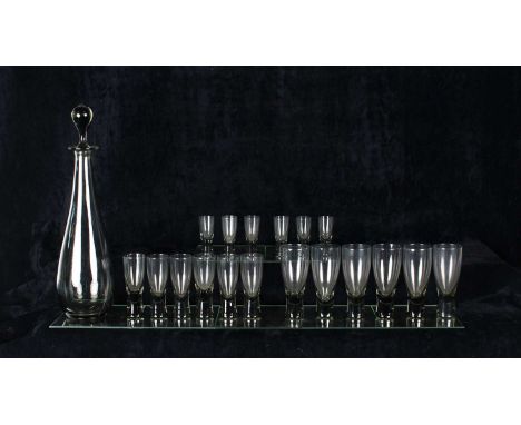 Per Lütken (Danish 1916-1998) for Holmegaard Tall "Teardrop" Decanter with Sets of Six "Canada" White Wine, Sherry and Shot G