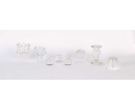 Collection of Scandinavian Glass Candle Holders Comprising two "Sunflower" by Göran Wärff for Kosta Boda, a "Snowball" by Ann