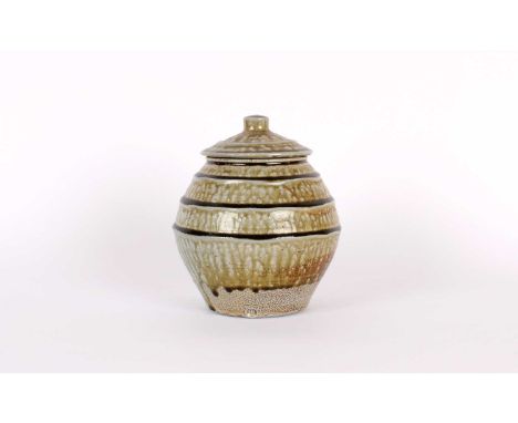 Phil Rogers (British 1951-2020) Stoneware Vessel with Cover Ash glazed with ridged banding, bearing stamped maker's mark to f