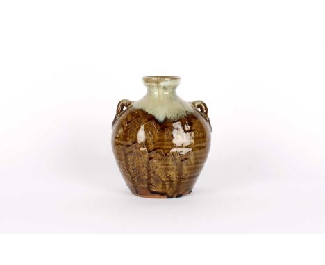 Mike Dodd (British 1943-) Stoneware Vase With twin lug handles, two-tone tenmoku glaze, the body with carved 'zigzag' design,