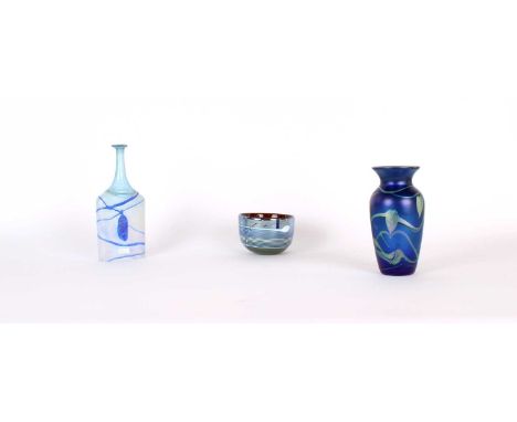 "Blue Galaxy" Bottle Vase by Bertil Vallien (Swedish 1938-) for Kosta Boda With a Bowl by Bertil Vallien for Åfors & an Okra 