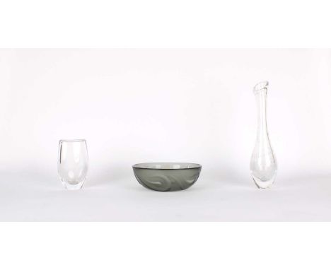 "Fuga" Glass Bowl by Sven Palmquist for Orrefors With an Orrefors Engraved Vase & a Tall "Bullicante" Vase by Vicke Lindstran