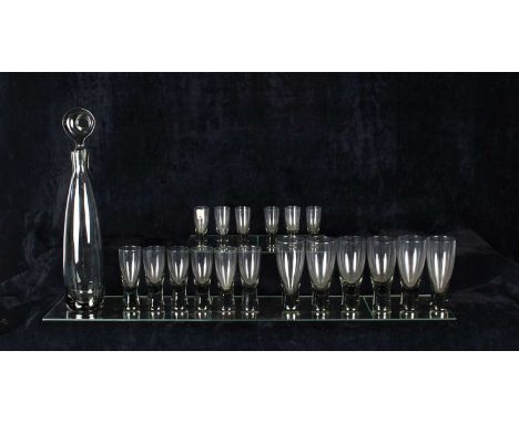 Per Lütken (Danish 1916-1998) for Holmegaard Tall "Aristokrat" Decanter with Sets of Six "Canada" White Wine, Sherry and Shot