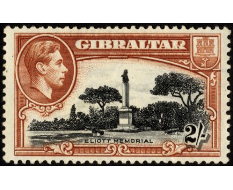 Gibraltar. 1942-51 2/- black and brown perf 13, mint with Pl. 2 R9/4 broken 'R' with minor bend and a couple of nibbled perfs