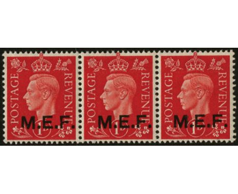British Occupation of Former Italian Colonies. M.E.F. 1942 Cairo 1d scarlet horizontal strip of three unmounted mint, left st