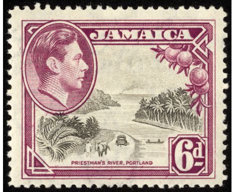Jamaica. 1938-50 6d perf 12½, fine mint with R10/2 'exhaust pipe'. SG 128aa (£325)/CW 12b