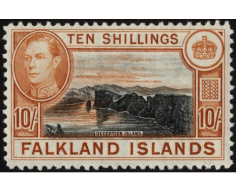 Falkland Islands. 1938 10/- black and light orange, unmounted mint. Difficult. SG 162a (£350)/CW 17a