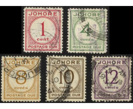 Malaya. Johore Postage Dues. 1938 set of five used, genuinely cancelled, the 4ct with light instructional handstamp as well a