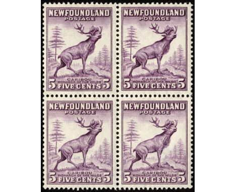 Newfoundland. 1941 5ct violet perf 13½ comb, die 1, 21mm wide.  Unmounted mint block of four, tiny black owner's mark on the 