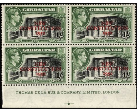 Gibraltar. 1950 1/- New Constitution imprint block of four, R9/4 broken 'R'. SG 143a (£140)/CW S15a