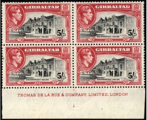 Gibraltar. 1942-51 5/- black and deep scarlet perf 13, mint imprint block of four with Pl. 2 R9/4 broken 'R', hinged on selve