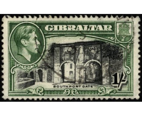 Gibraltar. 1942-51 1/- black and green perf 13, used with FP2 R9/4 broken 'R'. Very scarce. SG 127ba/CW 27c (unpriced in eith