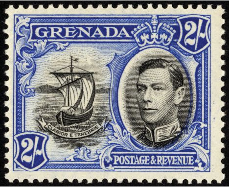 Grenada. 1941 2/- black and ultramarine, perf 13½ x 12½. A very lightly hinged mint example with R1/6 extra window and broken