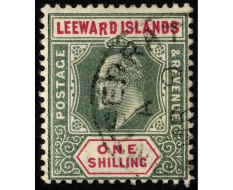 Leeward Islands. 1902 1/- green and carmine watermark Crown CA, R1/1 dropped 'R', Montserrat CDS. Scarce. SG 26a (£850)
