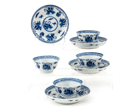 Decorated with Chinese figures, Kangxi mark, saucers are 13 cm. in diameter, in diverse conditions.